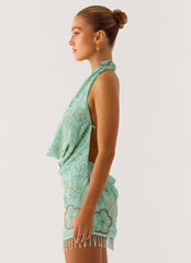 Outlaw Beaded Mini Dress - Mint Aqua